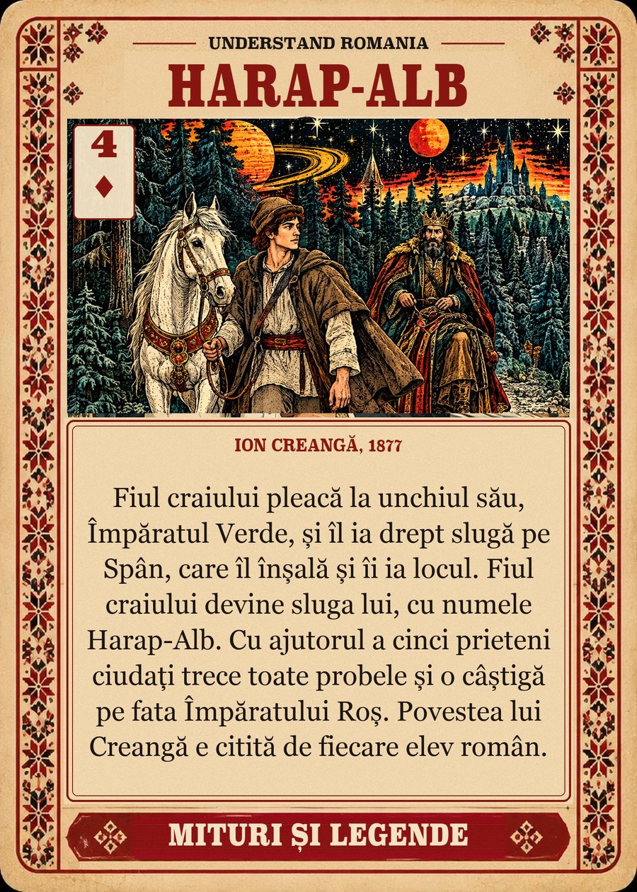 HARAP-ALB — Ion Creangă, 1877. Fiul craiului pleacă la unchiul său, Împăratul Verde, și îl ia drept slugă pe Spân, care îl înșală și îi ia locul. Fiul craiului devine sluga lui, cu numele Harap-Alb. Cu ajutorul a cinci prieteni ciudați trece toate probele și o câștigă pe fata Împăratului Roș. Povestea lui Creangă e citită de fiecare elev român.