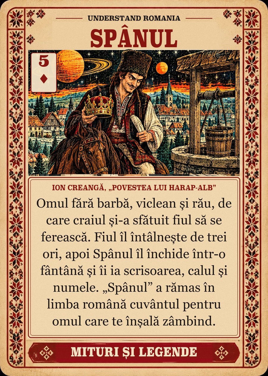 SPÂNUL — Ion Creangă, „Povestea lui Harap-Alb”. Omul fără barbă, viclean și rău, de care craiul și-a sfătuit fiul să se ferească. Fiul îl întâlnește de trei ori, apoi Spânul îl închide într-o fântână și îi ia scrisoarea, calul și numele. „Spânul” a rămas în limba română cuvântul pentru omul care te înșală zâmbind.