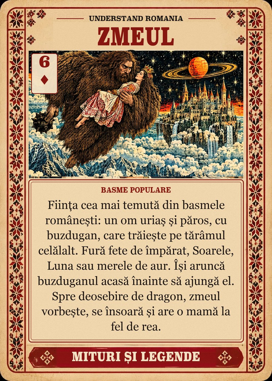 ZMEUL — basme populare. Ființa cea mai temută din basmele românești: un om uriaș și păros, cu buzdugan, care trăiește pe tărâmul celălalt. Fură fete de împărat, Soarele, Luna sau merele de aur. Își aruncă buzduganul acasă înainte să ajungă el. Spre deosebire de dragon, zmeul vorbește, se însoară și are o mamă la fel de rea.