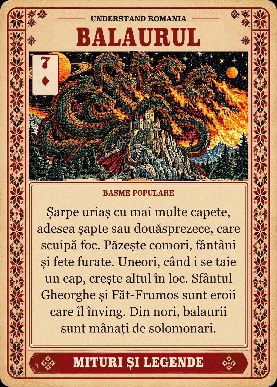 BALAURUL — basme populare. Șarpe uriaș cu mai multe capete, adesea șapte sau douăsprezece, care scuipă foc. Păzește comori, fântâni și fete furate. Uneori, când i se taie un cap, crește altul în loc. Sfântul Gheorghe și Făt-Frumos sunt eroii care îl înving. Din nori, balaurii sunt mânați de solomonari.