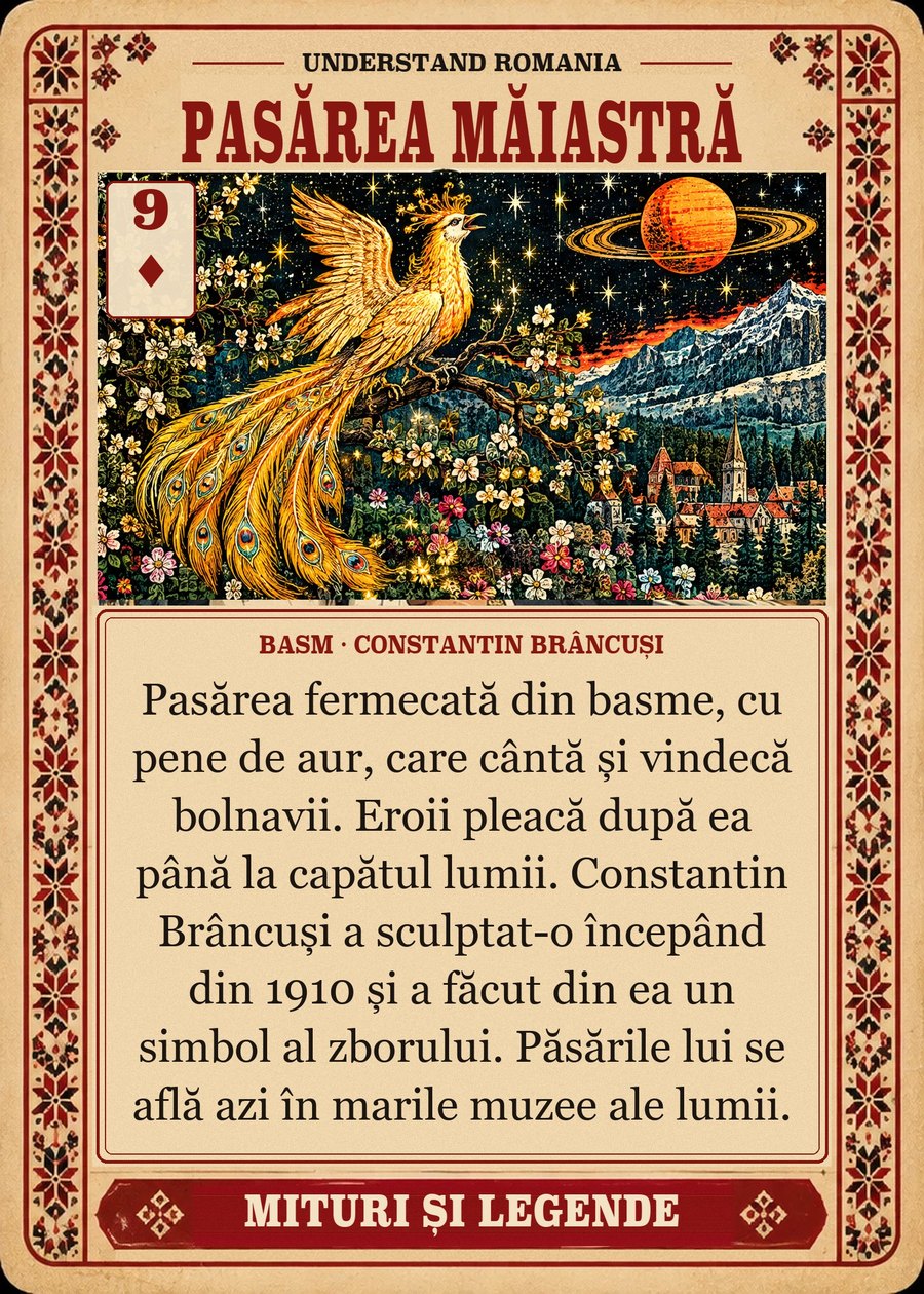 PASĂREA MĂIASTRĂ — basm · Constantin Brâncuși. Pasărea fermecată din basme, cu pene de aur, care cântă și vindecă bolnavii. Eroii pleacă după ea până la capătul lumii. Constantin Brâncuși a sculptat-o începând din 1910 și a făcut din ea un simbol al zborului. Păsările lui se află azi în marile muzee ale lumii.