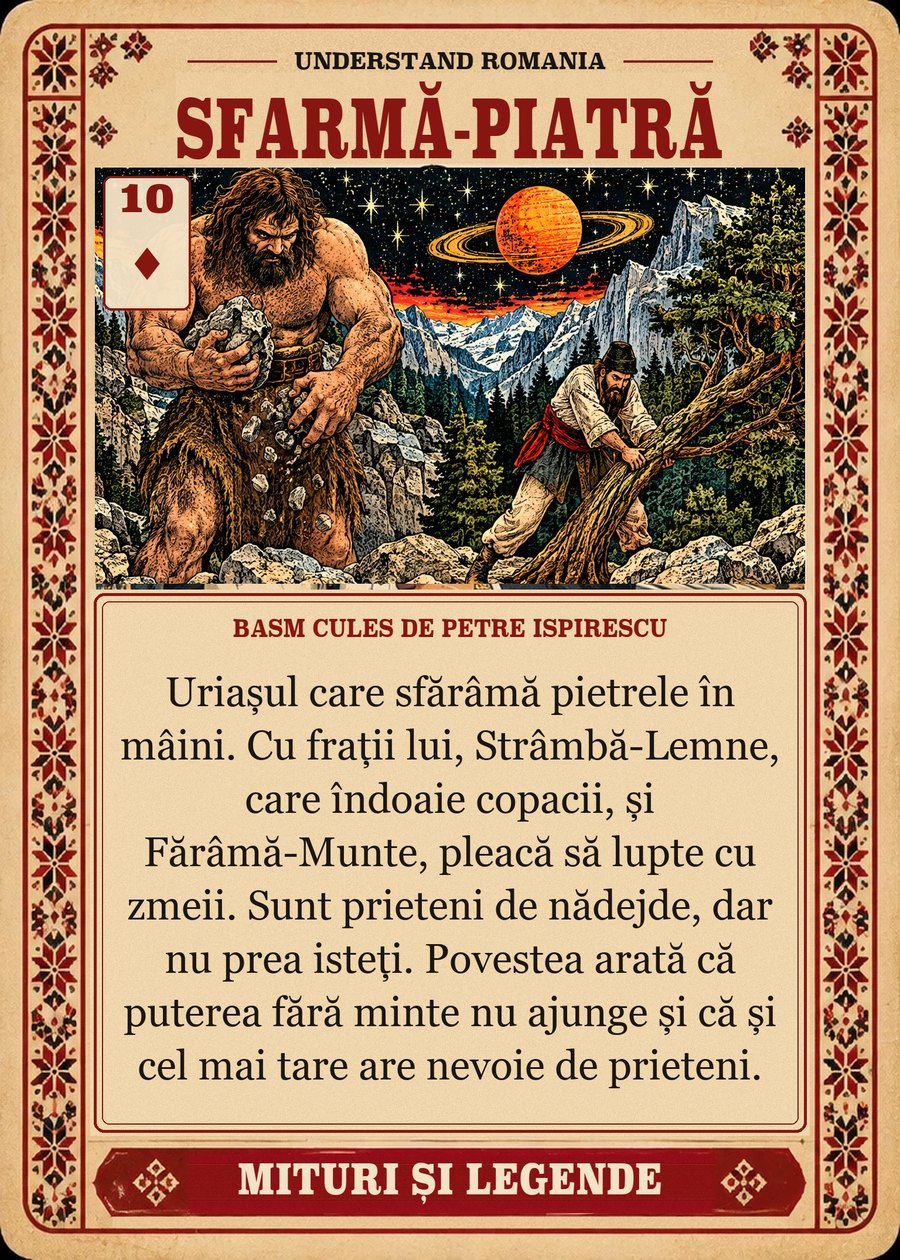 SFARMĂ-PIATRĂ — basm cules de Petre Ispirescu. Uriașul care sfărâmă pietrele în mâini. Cu frații lui, Strâmbă-Lemne, care îndoaie copacii, și Fărâmă-Munte, pleacă să lupte cu zmeii. Sunt prieteni de nădejde, dar nu prea isteți. Povestea arată că puterea fără minte nu ajunge și că și cel mai tare are nevoie de prieteni.