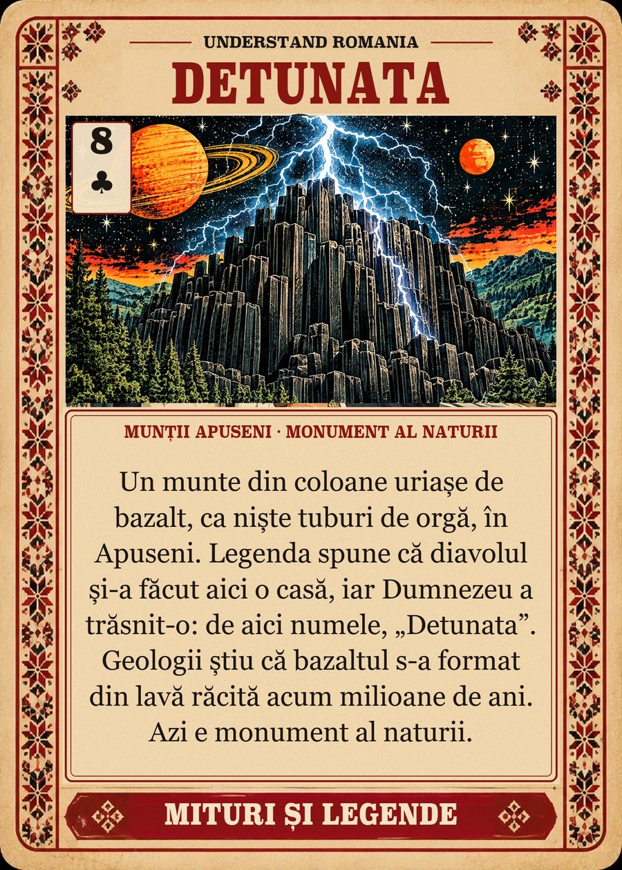 DETUNATA — Munții Apuseni · monument al naturii. Un munte din coloane uriașe de bazalt, ca niște tuburi de orgă, în Apuseni. Legenda spune că diavolul și-a făcut aici o casă, iar Dumnezeu a trăsnit-o: de aici numele, „Detunata”. Geologii știu că bazaltul s-a format din lavă răcită acum milioane de ani. Azi e monument al naturii.