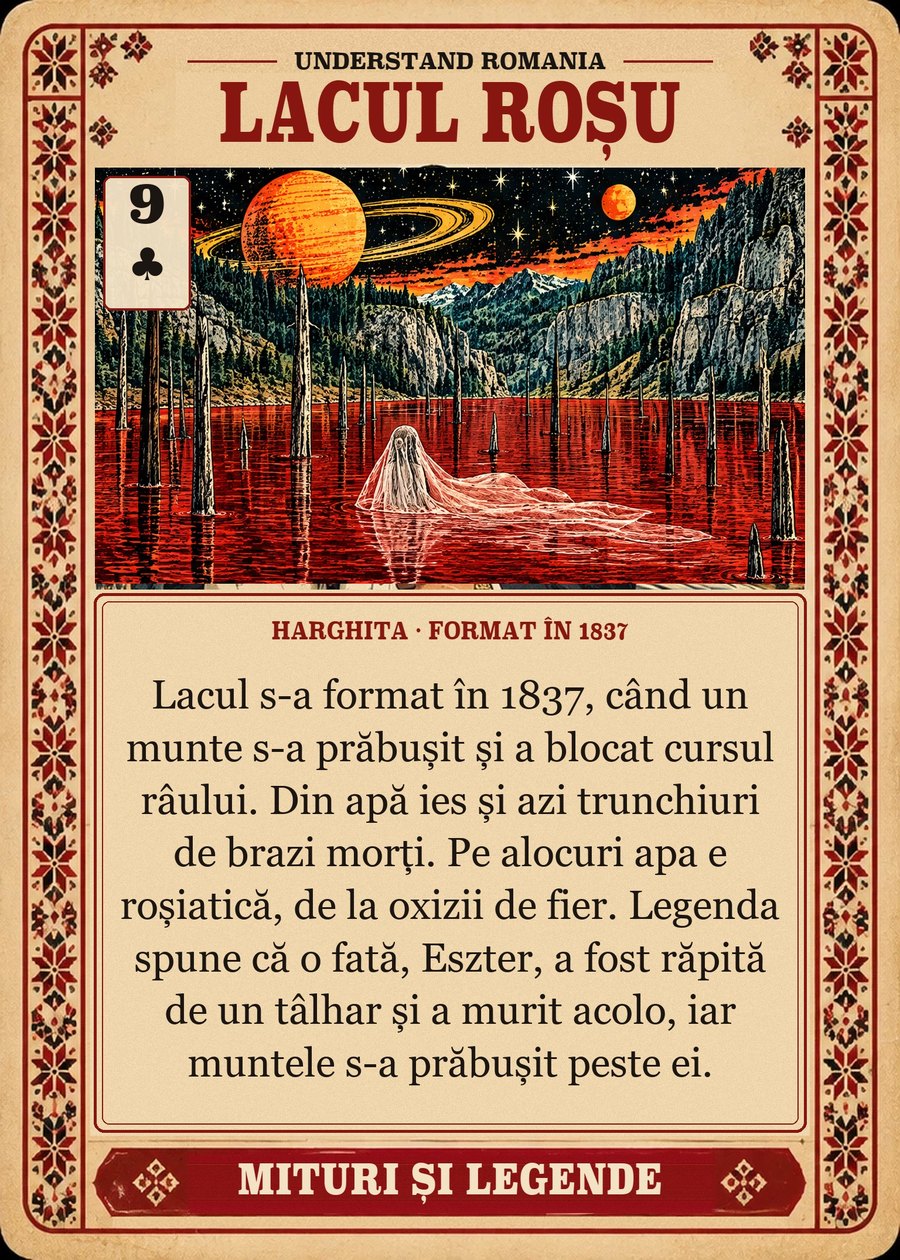 LACUL ROȘU — Harghita · format în 1837. Lacul s-a format în 1837, când un munte s-a prăbușit și a blocat cursul râului. Din apă ies și azi trunchiuri de brazi morți. Pe alocuri apa e roșiatică, de la oxizii de fier. Legenda spune că o fată, Eszter, a fost răpită de un tâlhar și a murit acolo, iar muntele s-a prăbușit peste ei.