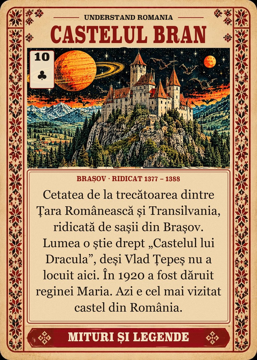 CASTELUL BRAN — Brașov · ridicat 1377 – 1388. Cetatea de la trecătoarea dintre Țara Românească și Transilvania, ridicată de sașii din Brașov. Lumea o știe drept „Castelul lui Dracula”, deși Vlad Țepeș nu a locuit aici. În 1920 a fost dăruit reginei Maria. Azi e cel mai vizitat castel din România.