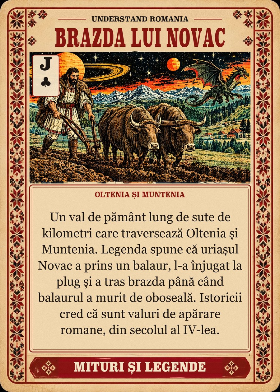 BRAZDA LUI NOVAC — Oltenia și Muntenia. Un val de pământ lung de sute de kilometri care traversează Oltenia și Muntenia. Legenda spune că uriașul Novac a prins un balaur, l-a înjugat la plug și a tras brazda până când balaurul a murit de oboseală. Istoricii cred că sunt valuri de apărare romane, din secolul al IV-lea.