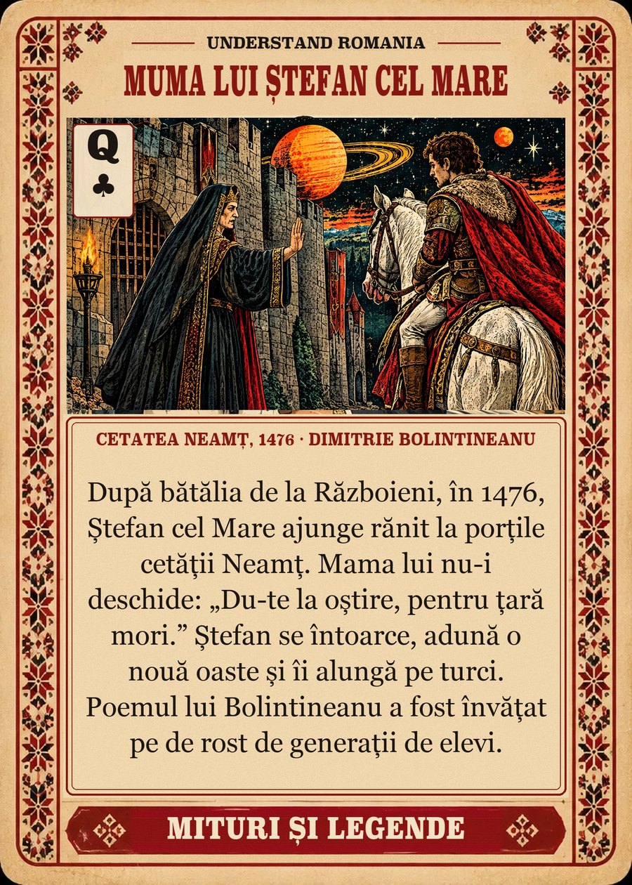 MUMA LUI ȘTEFAN CEL MARE — Cetatea Neamț, 1476 · Dimitrie Bolintineanu. După bătălia de la Războieni, în 1476, Ștefan cel Mare ajunge rănit la porțile cetății Neamț. Mama lui nu-i deschide: „Du-te la oștire, pentru țară mori.” Ștefan se întoarce, adună o nouă oaste și îi alungă pe turci. Poemul lui Bolintineanu a fost învățat pe de rost de generații de elevi.