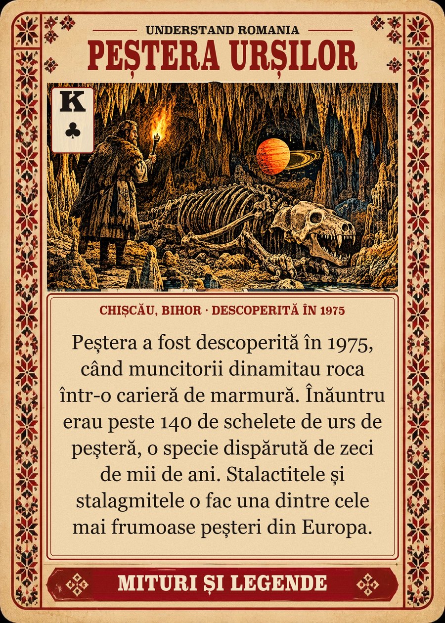 PEȘTERA URȘILOR — Chișcău, Bihor · descoperită în 1975. Peștera a fost descoperită în 1975, când muncitorii dinamitau roca într-o carieră de marmură. Înăuntru erau peste 140 de schelete de urs de peșteră, o specie dispărută de zeci de mii de ani. Stalactitele și stalagmitele o fac una dintre cele mai frumoase peșteri din Europa.