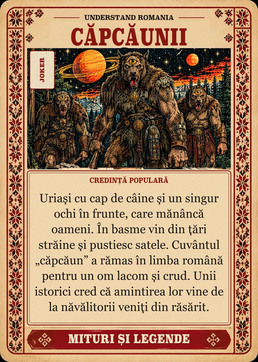 CĂPCĂUNII — credință populară. Uriași cu cap de câine și un singur ochi în frunte, care mănâncă oameni. În basme vin din țări străine și pustiesc satele. Cuvântul „căpcăun” a rămas în limba română pentru un om lacom și crud. Unii istorici cred că amintirea lor vine de la năvălitorii veniți din răsărit.