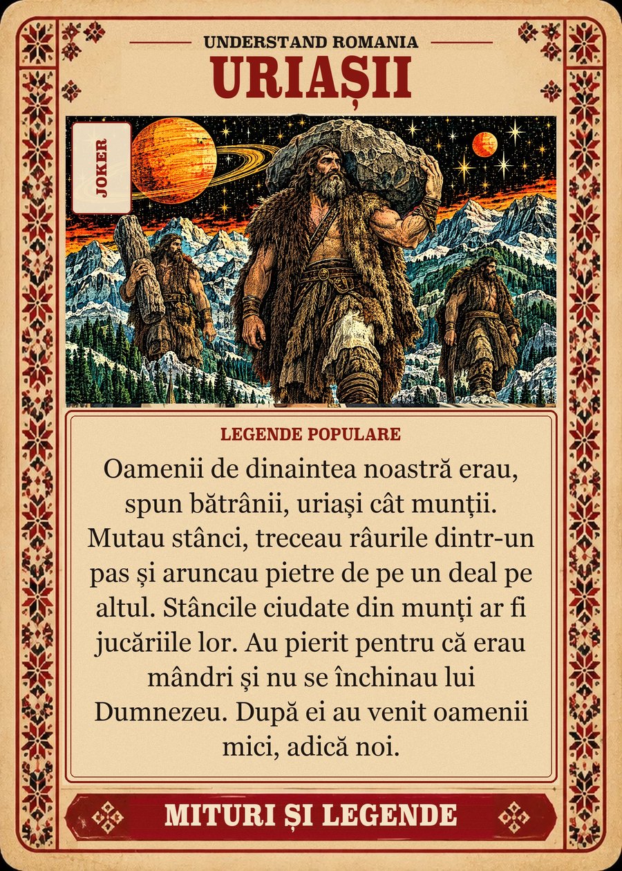 URIAȘII — legende populare. Oamenii de dinaintea noastră erau, spun bătrânii, uriași cât munții. Mutau stânci, treceau râurile dintr-un pas și aruncau pietre de pe un deal pe altul. Stâncile ciudate din munți ar fi jucăriile lor. Au pierit pentru că erau mândri și nu se închinau lui Dumnezeu. După ei au venit oamenii mici, adică noi.