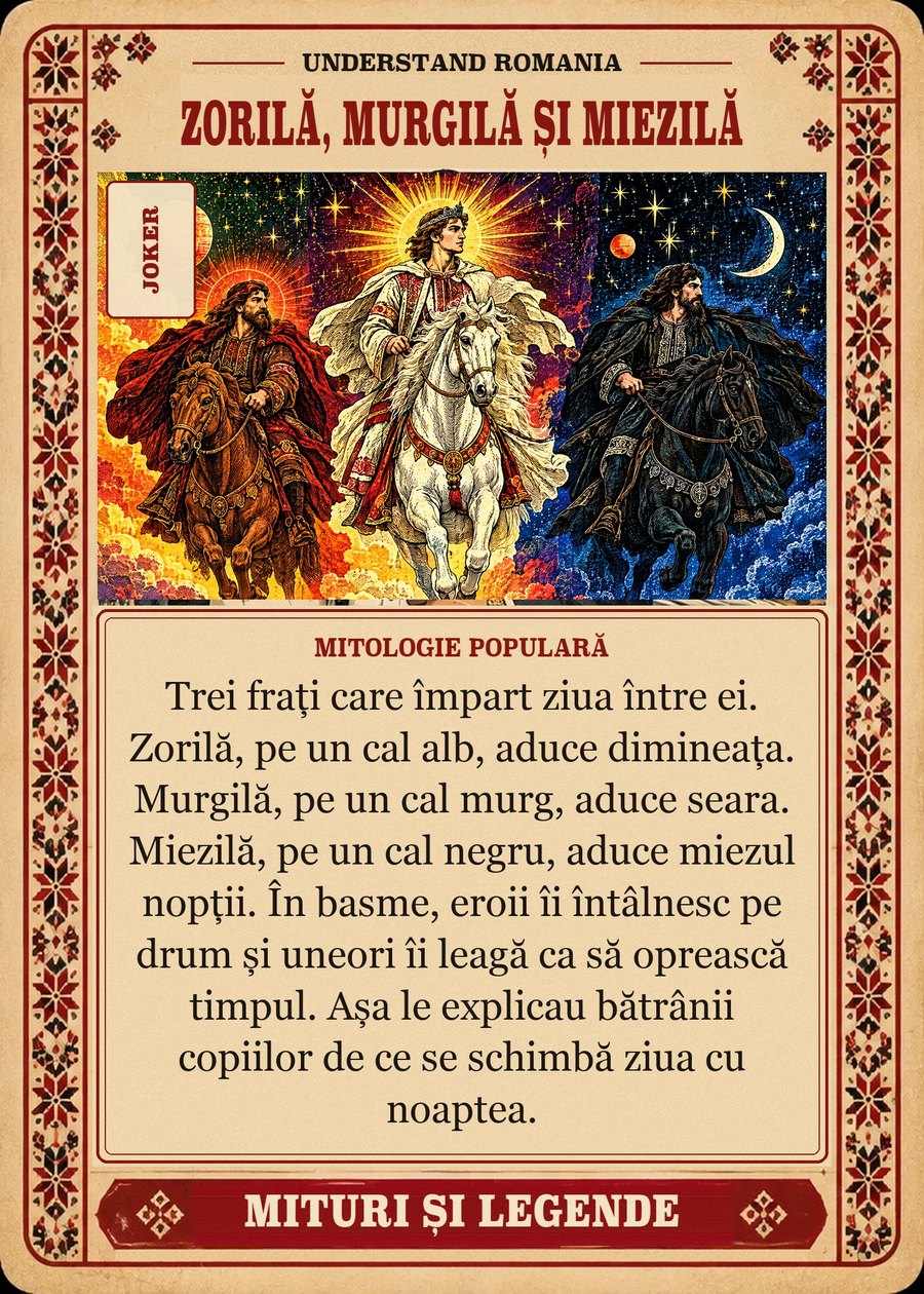 ZORILĂ, MURGILĂ ȘI MIEZILĂ — mitologie populară. Trei frați care împart ziua între ei. Zorilă, pe un cal alb, aduce dimineața. Murgilă, pe un cal murg, aduce seara. Miezilă, pe un cal negru, aduce miezul nopții. În basme, eroii îi întâlnesc pe drum și uneori îi leagă ca să oprească timpul. Așa le explicau bătrânii copiilor de ce se schimbă ziua cu noaptea.