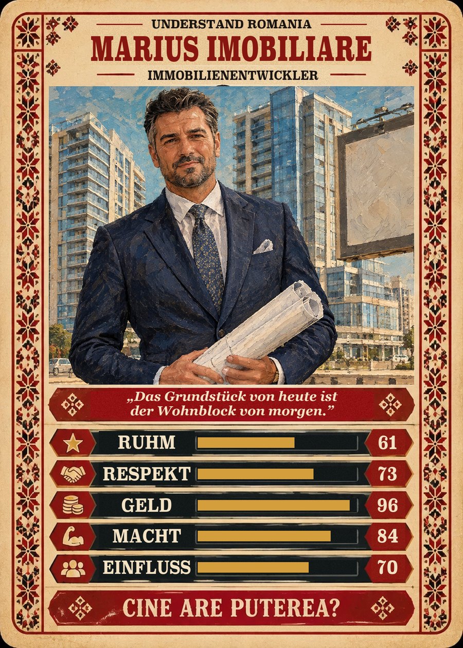 MARIUS IMOBILIARE — Immobilienentwickler. Das Grundstück von heute ist der Wohnblock von morgen. (Ruhm 61, Respekt 73, Geld 96, Macht 84, Einfluss 70)
