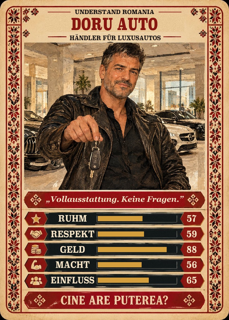 DORU AUTO — Händler für Luxusautos. Vollausstattung. Keine Fragen. (Ruhm 57, Respekt 59, Geld 88, Macht 56, Einfluss 65)