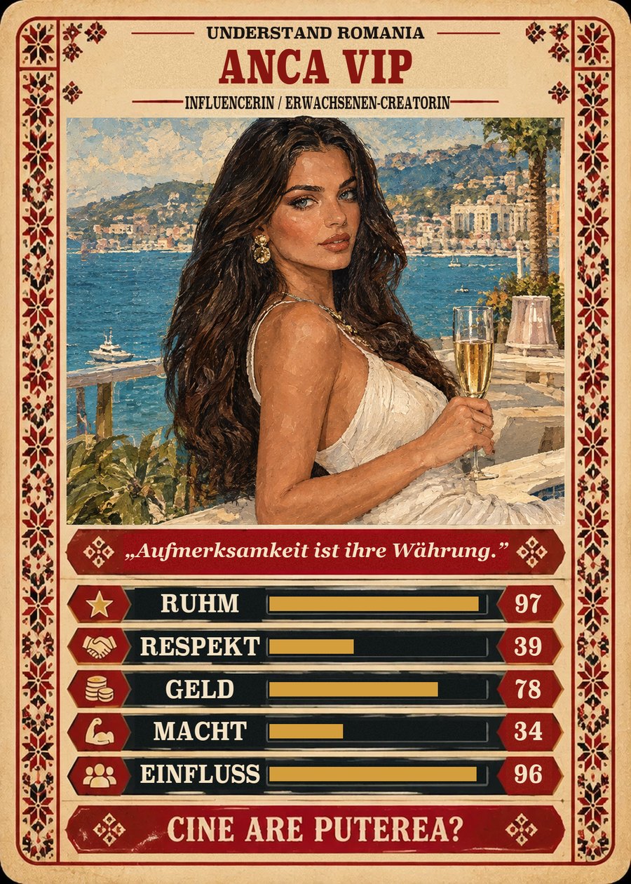 ANCA VIP — Influencerin / Erwachsenen-Creatorin. Aufmerksamkeit ist ihre Währung. (Ruhm 97, Respekt 39, Geld 78, Macht 34, Einfluss 96)