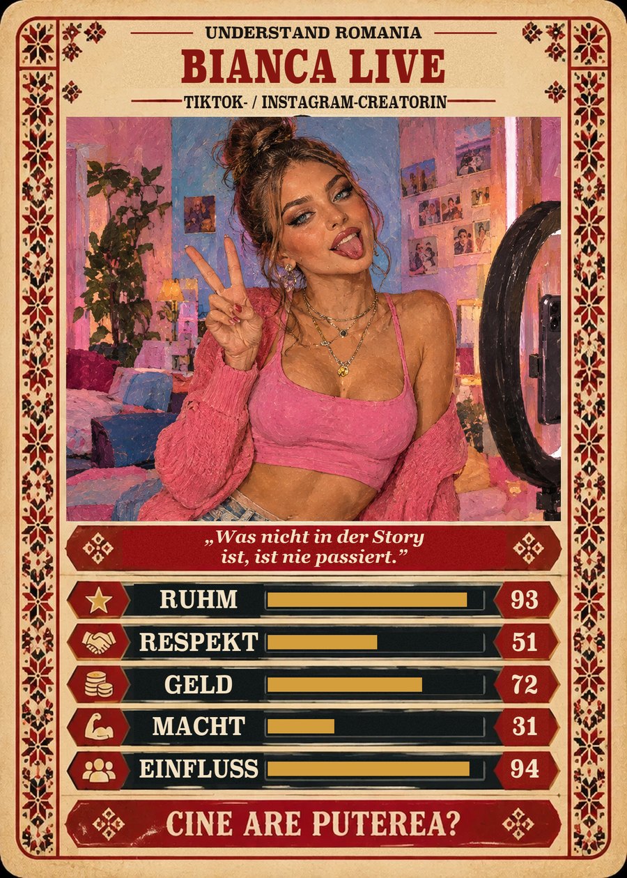 BIANCA LIVE — TikTok- / Instagram-Creatorin. Was nicht in der Story ist, ist nie passiert. (Ruhm 93, Respekt 51, Geld 72, Macht 31, Einfluss 94)