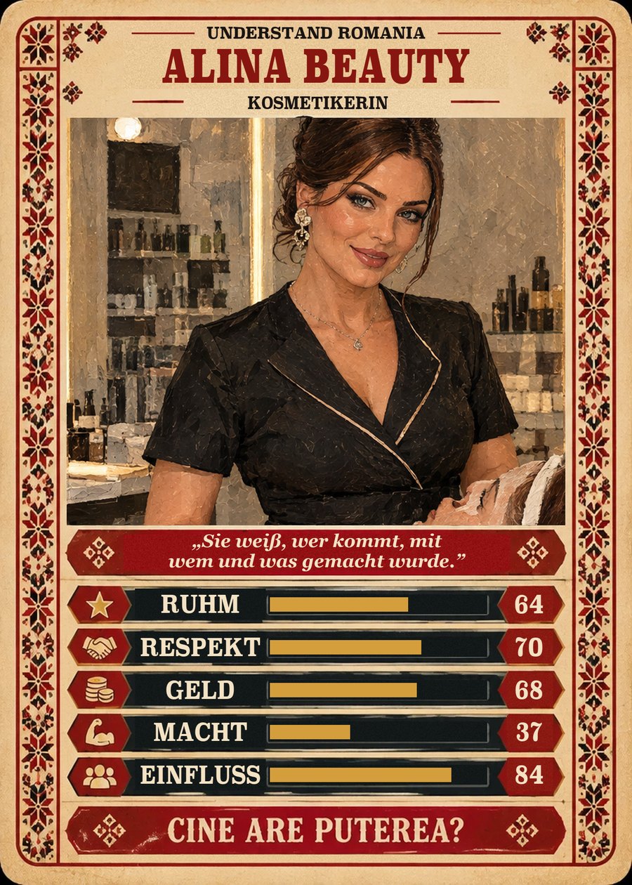 ALINA BEAUTY — Kosmetikerin. Sie weiß, wer kommt, mit wem und was gemacht wurde. (Ruhm 64, Respekt 70, Geld 68, Macht 37, Einfluss 84)