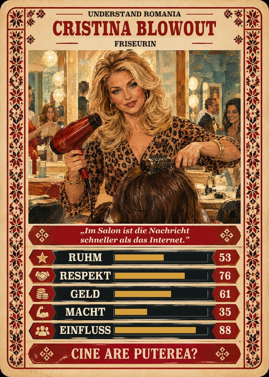CRISTINA BLOWOUT — Friseurin. Im Salon ist die Nachricht schneller als das Internet. (Ruhm 53, Respekt 76, Geld 61, Macht 35, Einfluss 88)