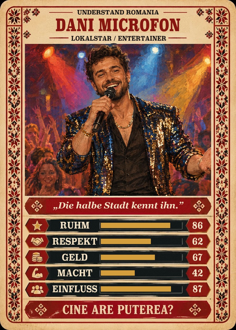 DANI MICROFON — Lokalstar / Entertainer. Die halbe Stadt kennt ihn. (Ruhm 86, Respekt 62, Geld 67, Macht 42, Einfluss 87)