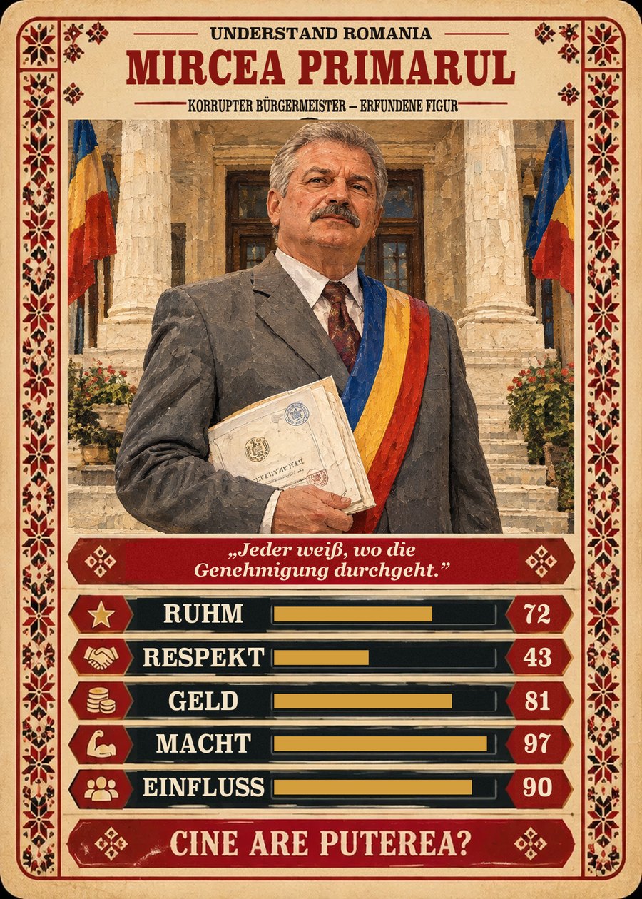MIRCEA PRIMARUL — Korrupter Bürgermeister — erfundene Figur. Jeder weiß, wo die Genehmigung durchgeht. (Ruhm 72, Respekt 43, Geld 81, Macht 97, Einfluss 90)