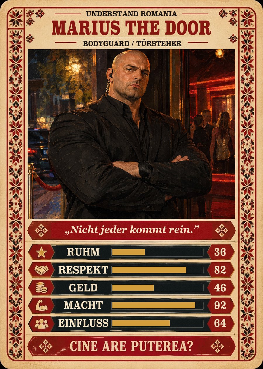 MARIUS THE DOOR — Bodyguard / Türsteher. Nicht jeder kommt rein. (Ruhm 36, Respekt 82, Geld 46, Macht 92, Einfluss 64)