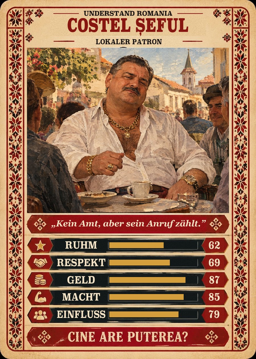 COSTEL ȘEFUL — Lokaler Patron. Kein Amt, aber sein Anruf zählt. (Ruhm 62, Respekt 69, Geld 87, Macht 85, Einfluss 79)