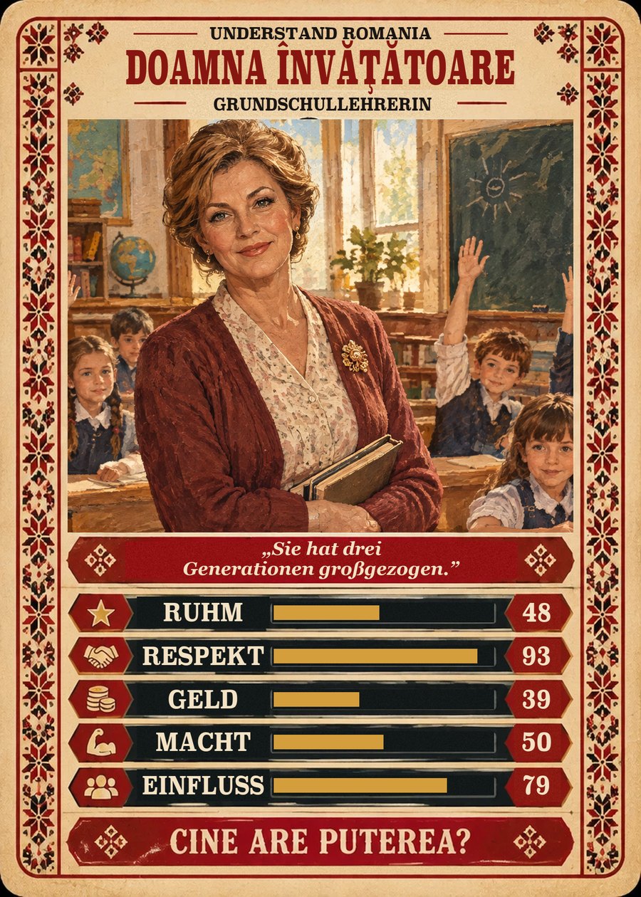 DOAMNA ÎNVĂȚĂTOARE — Grundschullehrerin. Sie hat drei Generationen großgezogen. (Ruhm 48, Respekt 93, Geld 39, Macht 50, Einfluss 79)