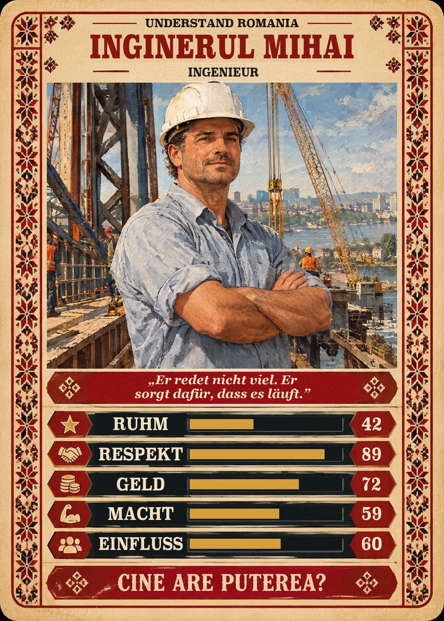 INGINERUL MIHAI — Ingenieur. Er redet nicht viel. Er sorgt dafür, dass es läuft. (Ruhm 42, Respekt 89, Geld 72, Macht 59, Einfluss 60)