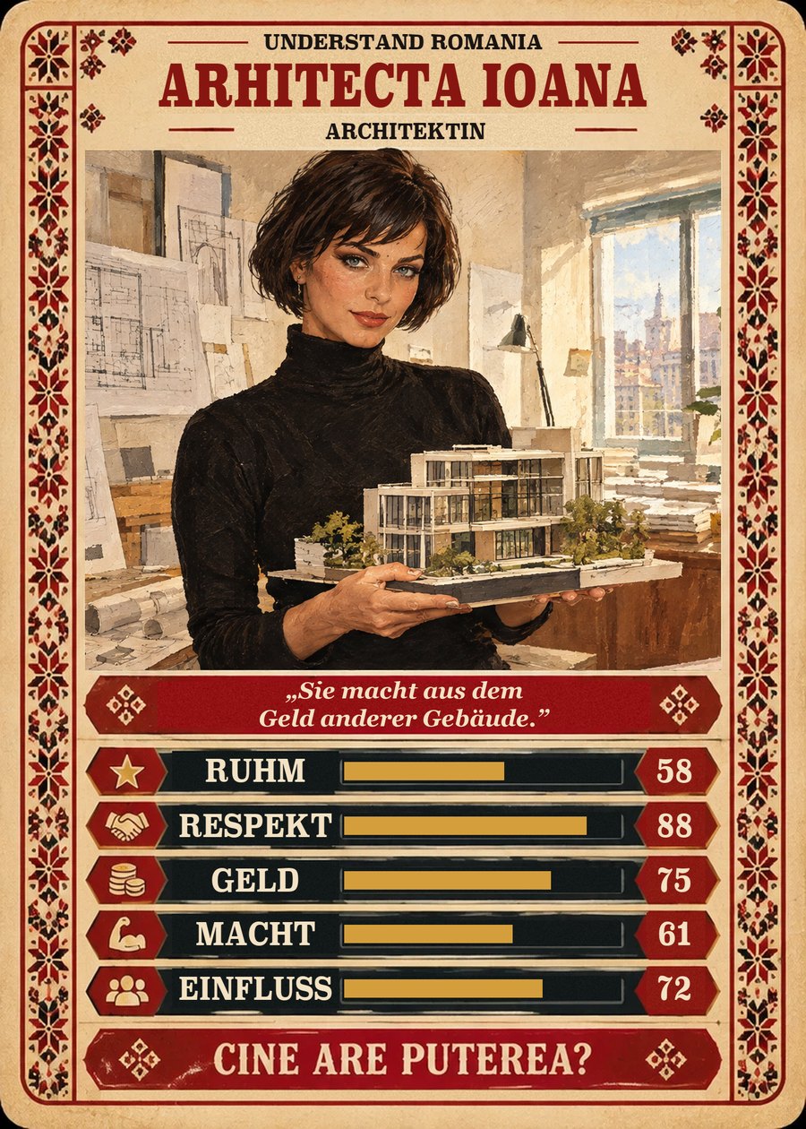 ARHITECTA IOANA — Architektin. Sie macht aus dem Geld anderer Gebäude. (Ruhm 58, Respekt 88, Geld 75, Macht 61, Einfluss 72)