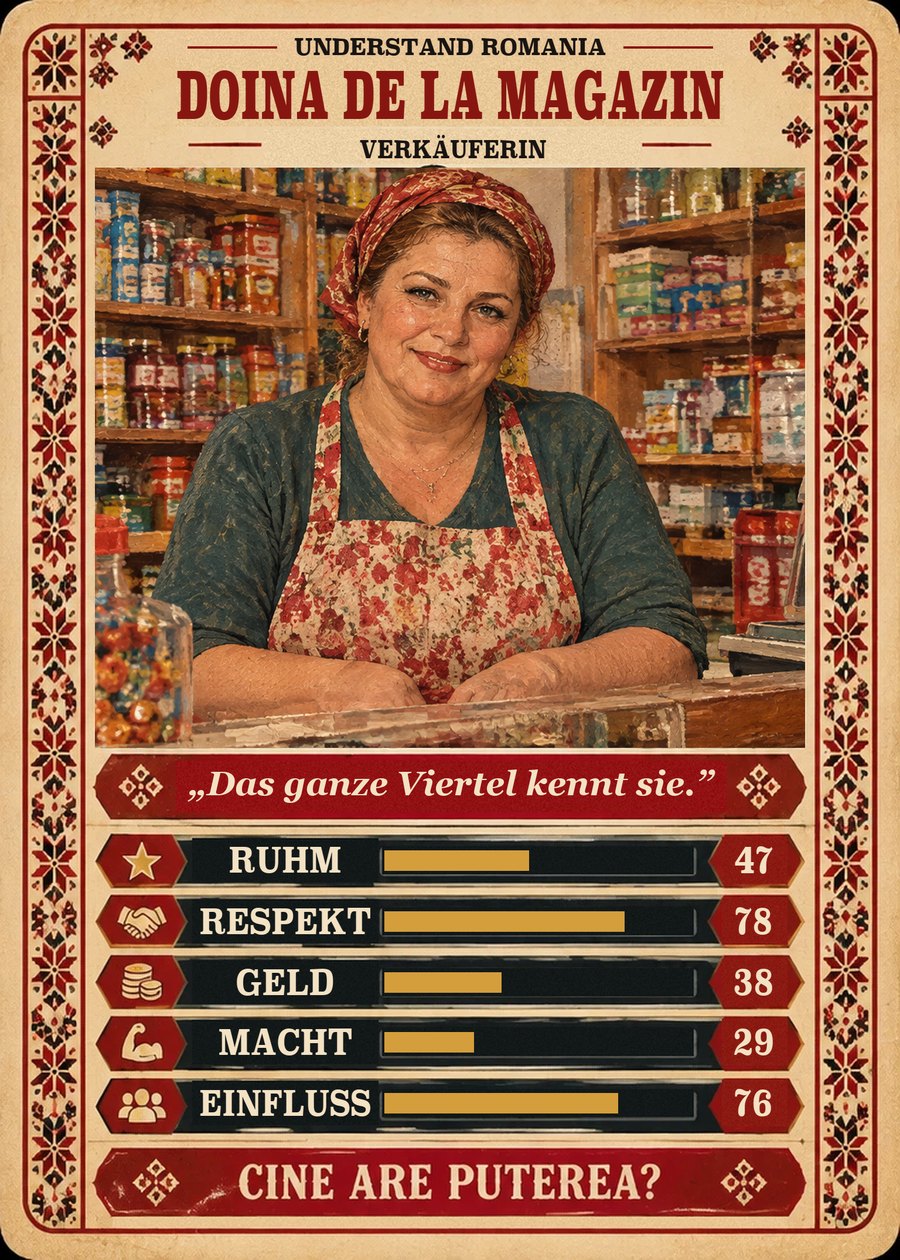 DOINA DE LA MAGAZIN — Verkäuferin. Das ganze Viertel kennt sie. (Ruhm 47, Respekt 78, Geld 38, Macht 29, Einfluss 76)