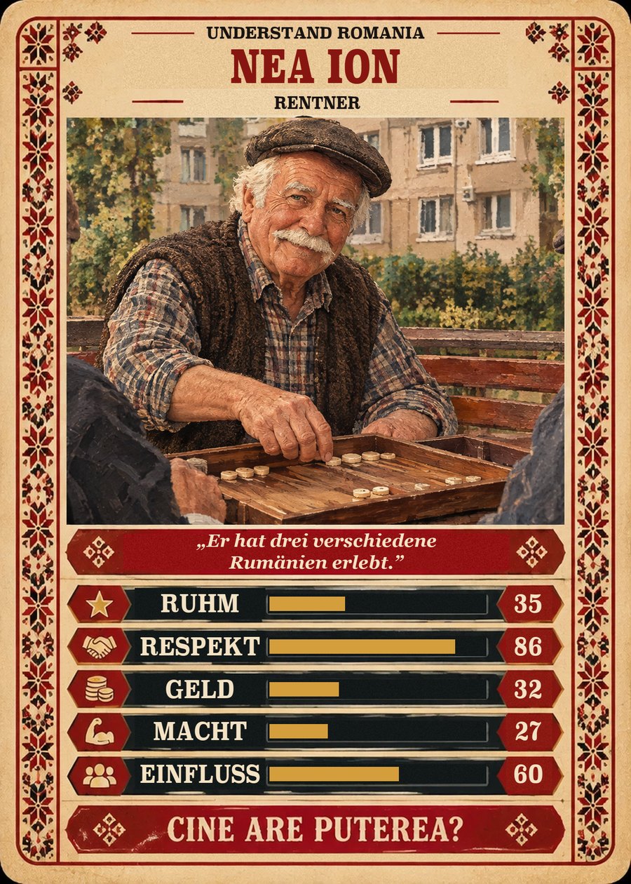 NEA ION — Rentner. Er hat drei verschiedene Rumänien erlebt. (Ruhm 35, Respekt 86, Geld 32, Macht 27, Einfluss 60)