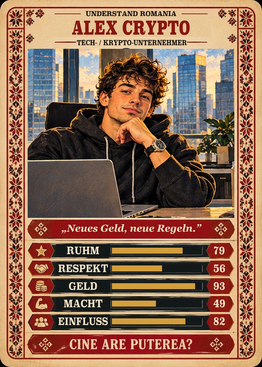 ALEX CRYPTO — Tech- / Krypto-Unternehmer. Neues Geld, neue Regeln. (Ruhm 79, Respekt 56, Geld 93, Macht 49, Einfluss 82)