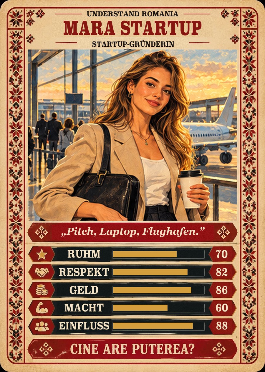 MARA STARTUP — Startup-Gründerin. Pitch, Laptop, Flughafen. (Ruhm 70, Respekt 82, Geld 86, Macht 60, Einfluss 88)