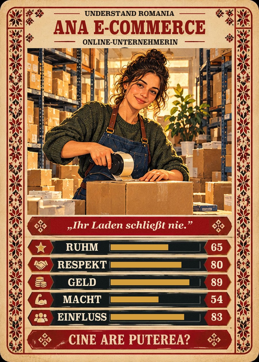 ANA E-COMMERCE — Online-Unternehmerin. Ihr Laden schließt nie. (Ruhm 65, Respekt 80, Geld 89, Macht 54, Einfluss 83)
