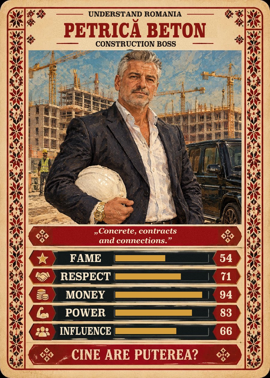 PETRICĂ BETON — Construction boss. Concrete, contracts and connections. (Fame 54, Respect 71, Money 94, Power 83, Influence 66)