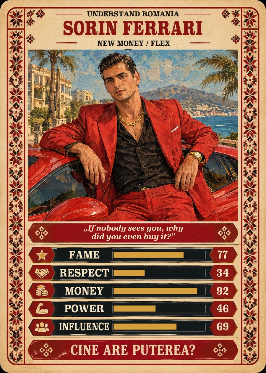 SORIN FERRARI — New money / Flex. If nobody sees you, why did you even buy it? (Fame 77, Respect 34, Money 92, Power 46, Influence 69)