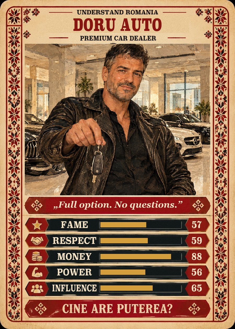 DORU AUTO — Premium car dealer. Full option. No questions. (Fame 57, Respect 59, Money 88, Power 56, Influence 65)
