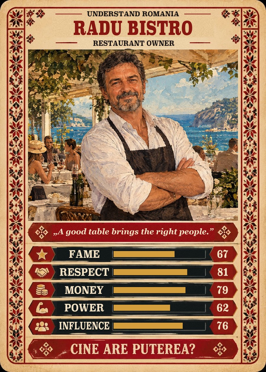 RADU BISTRO — Restaurant owner. A good table brings the right people. (Fame 67, Respect 81, Money 79, Power 62, Influence 76)