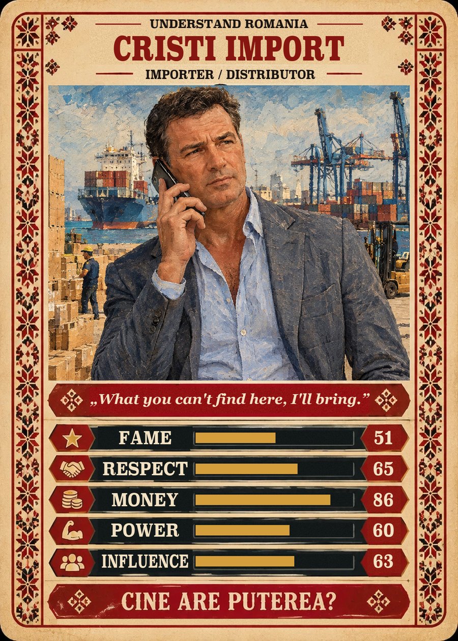 CRISTI IMPORT — Importer / Distributor. What you can't find here, I'll bring. (Fame 51, Respect 65, Money 86, Power 60, Influence 63)