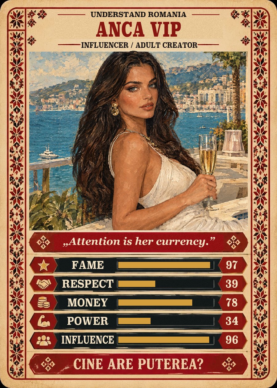 ANCA VIP — Influencer / Adult creator. Attention is her currency. (Fame 97, Respect 39, Money 78, Power 34, Influence 96)