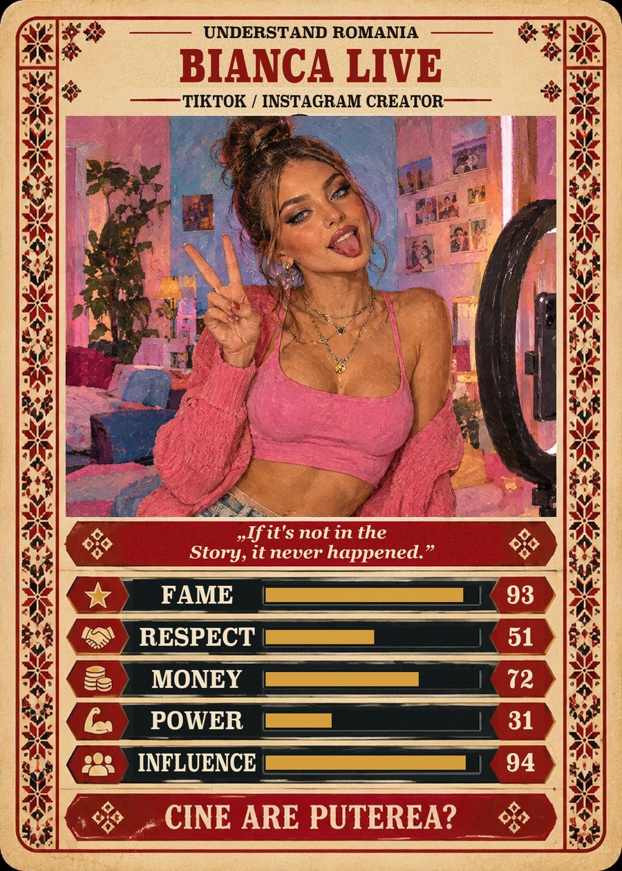 BIANCA LIVE — TikTok / Instagram creator. If it's not in the Story, it never happened. (Fame 93, Respect 51, Money 72, Power 31, Influence 94)