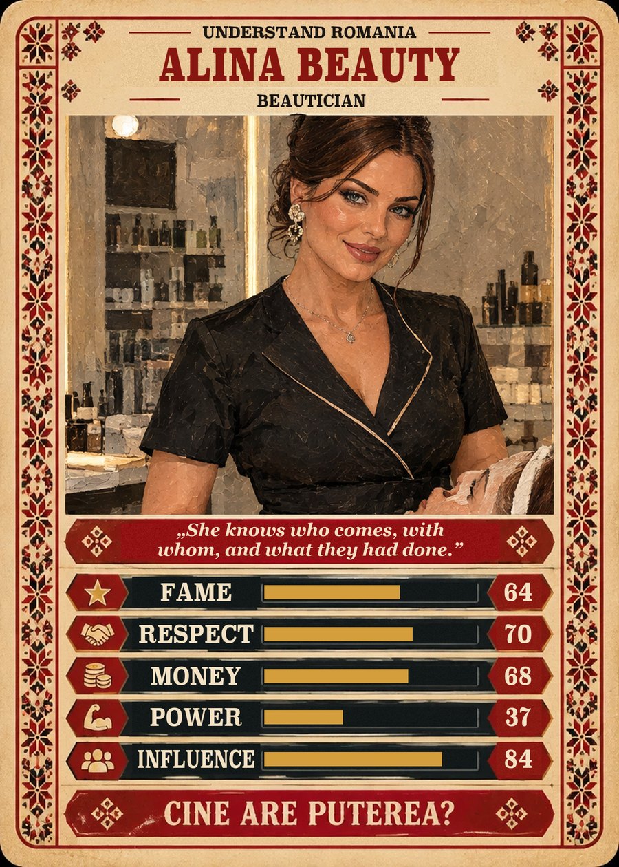 ALINA BEAUTY — Beautician. She knows who comes, with whom, and what they had done. (Fame 64, Respect 70, Money 68, Power 37, Influence 84)