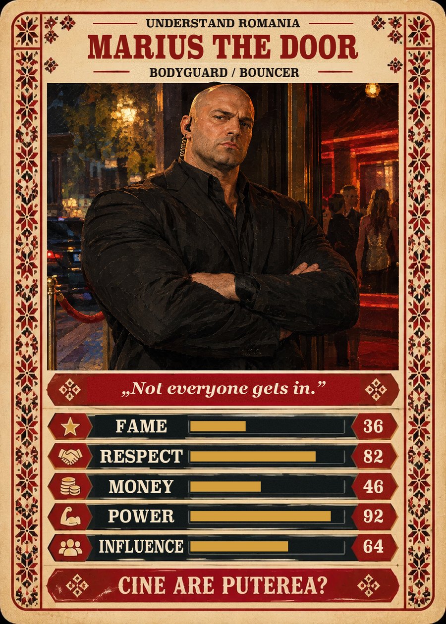 MARIUS THE DOOR — Bodyguard / Bouncer. Not everyone gets in. (Fame 36, Respect 82, Money 46, Power 92, Influence 64)