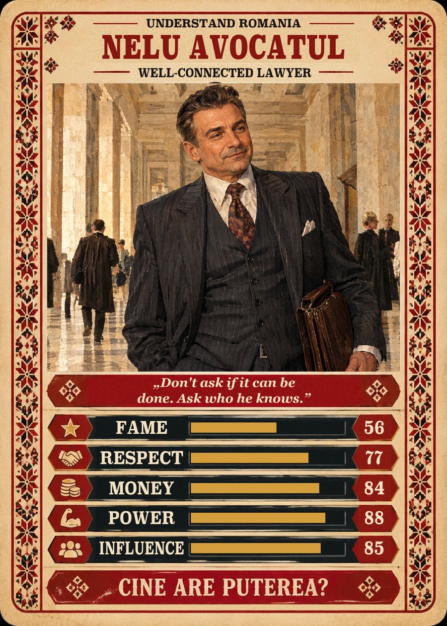 NELU AVOCATUL — Well-connected lawyer. Don't ask if it can be done. Ask who he knows. (Fame 56, Respect 77, Money 84, Power 88, Influence 85)