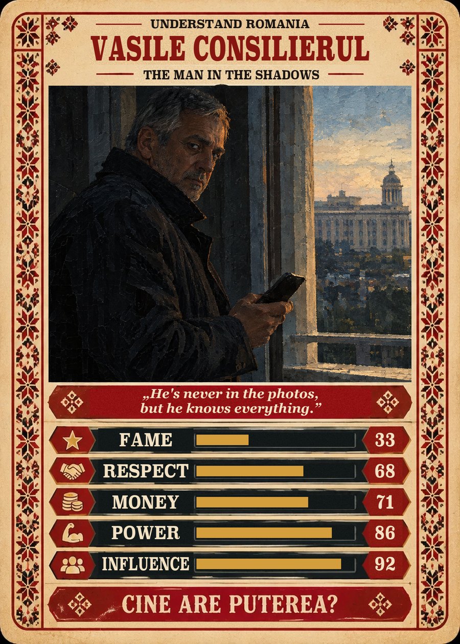 VASILE CONSILIERUL — The man in the shadows. He's never in the photos, but he knows everything. (Fame 33, Respect 68, Money 71, Power 86, Influence 92)