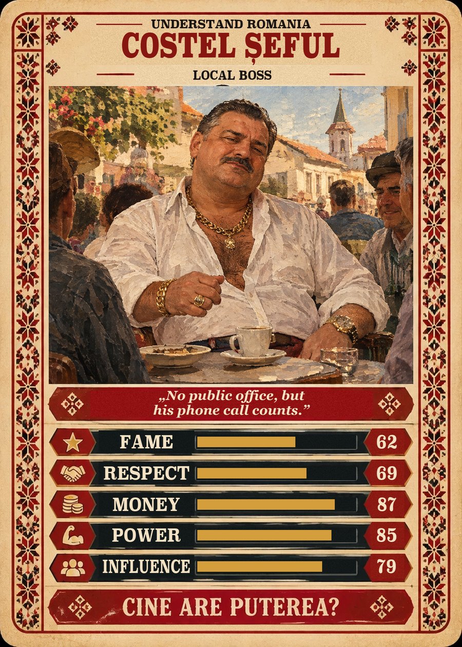 COSTEL ȘEFUL — Local boss. No public office, but his phone call counts. (Fame 62, Respect 69, Money 87, Power 85, Influence 79)