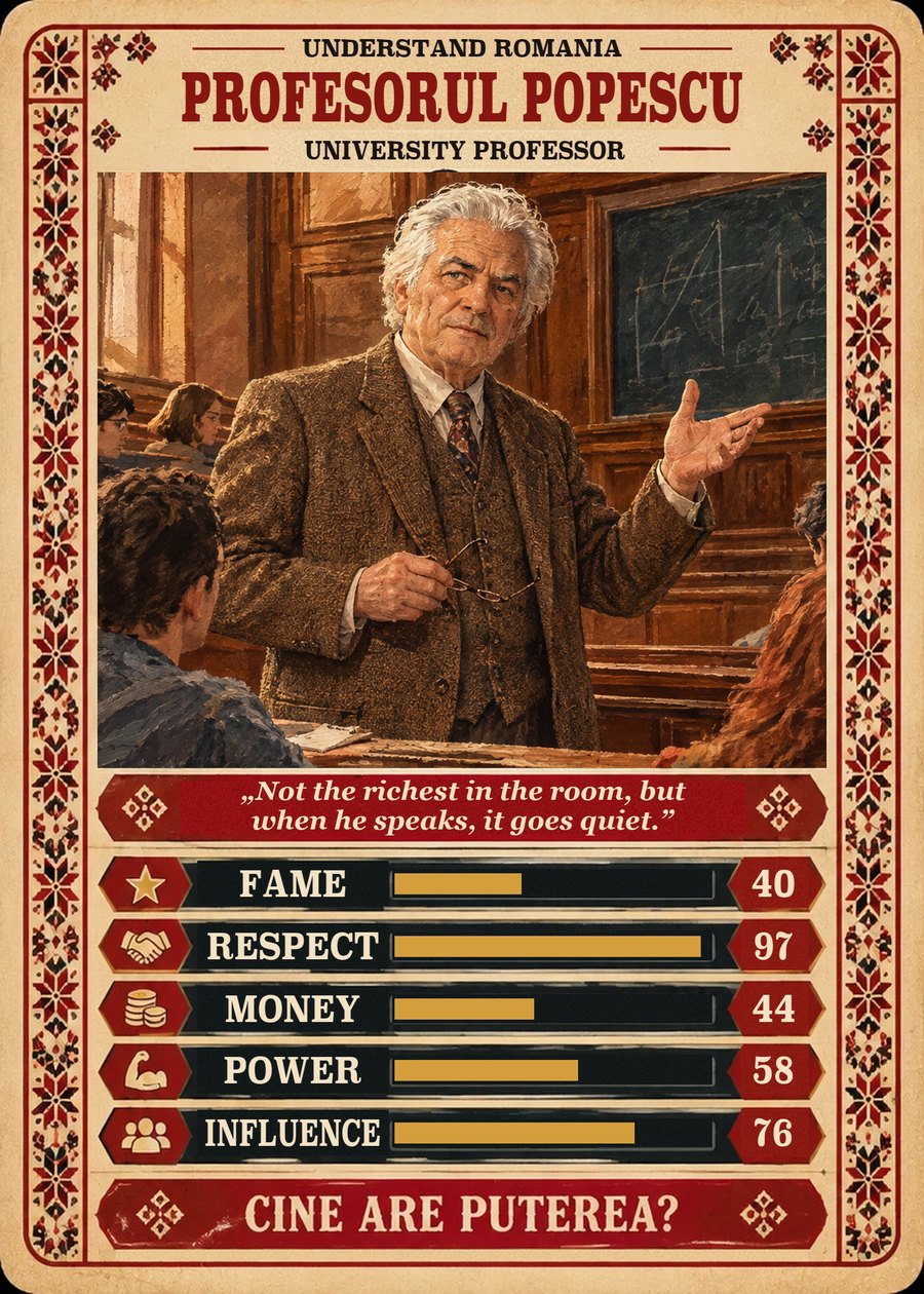 PROFESORUL POPESCU — University professor. Not the richest in the room, but when he speaks, it goes quiet. (Fame 40, Respect 97, Money 44, Power 58, Influence 76)
