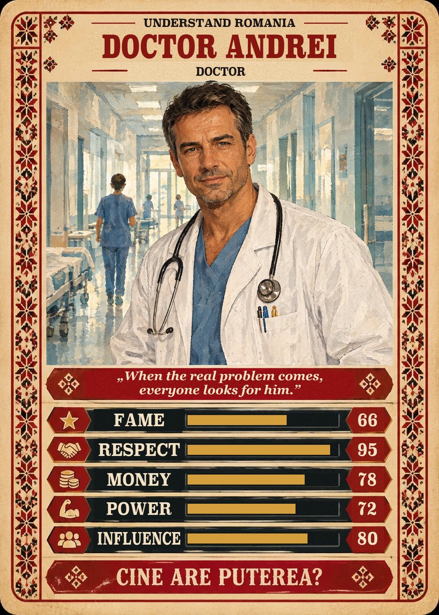 DOCTOR ANDREI — Doctor. When the real problem comes, everyone looks for him. (Fame 66, Respect 95, Money 78, Power 72, Influence 80)