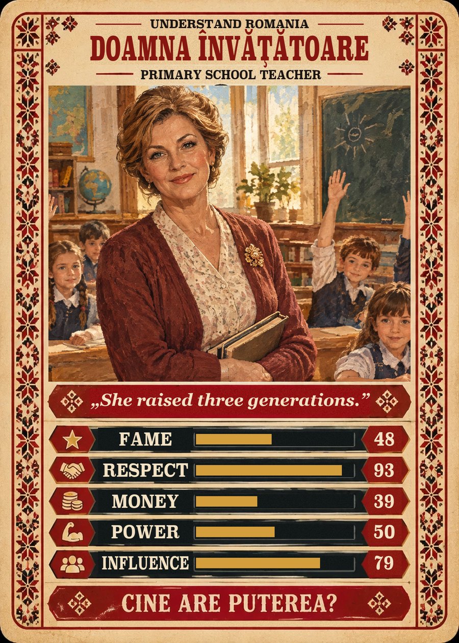 DOAMNA ÎNVĂȚĂTOARE — Primary school teacher. She raised three generations. (Fame 48, Respect 93, Money 39, Power 50, Influence 79)
