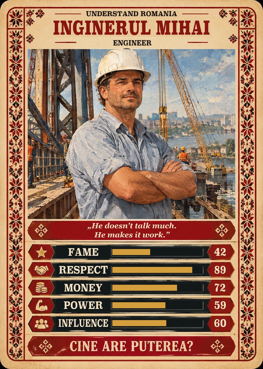 INGINERUL MIHAI — Engineer. He doesn't talk much. He makes it work. (Fame 42, Respect 89, Money 72, Power 59, Influence 60)