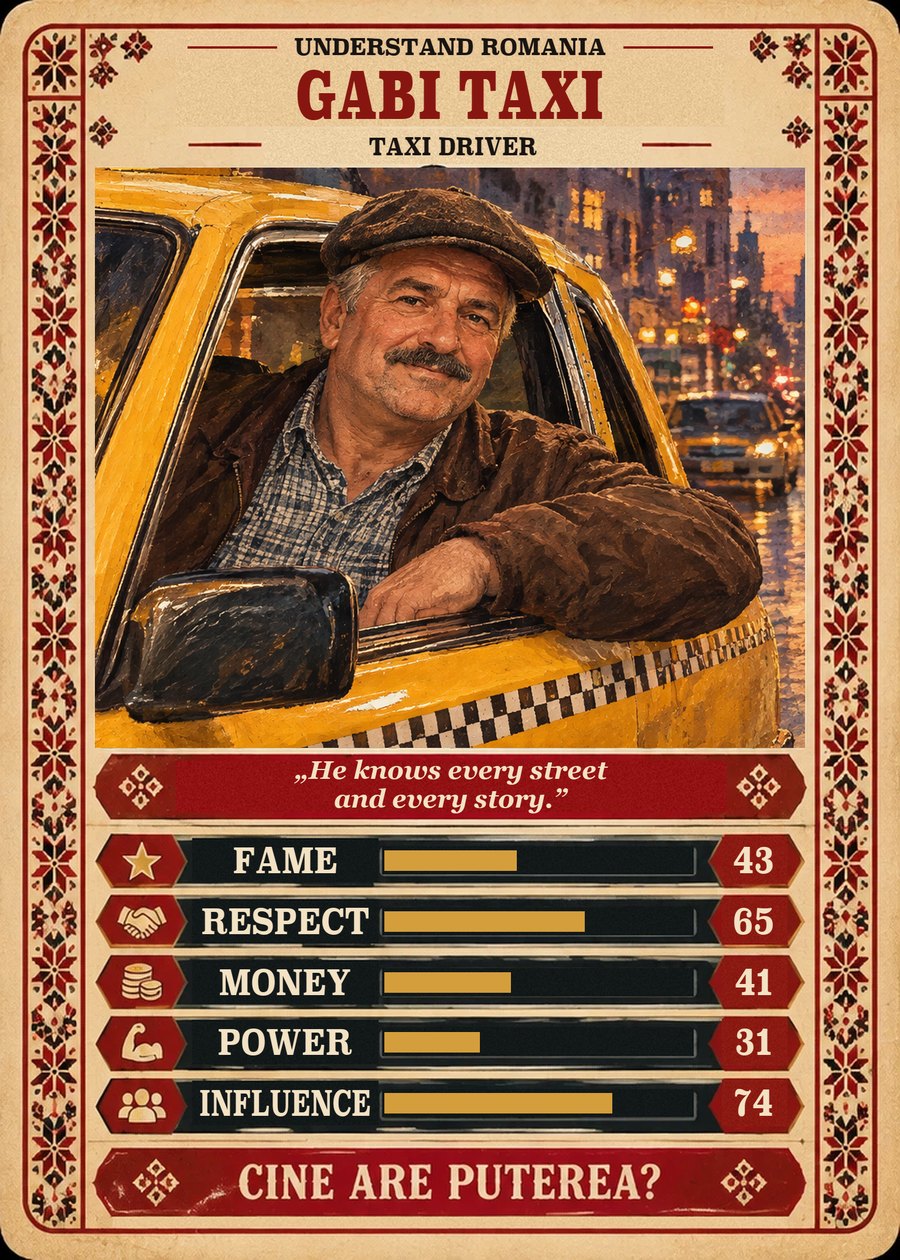 GABI TAXI — Taxi driver. He knows every street and every story. (Fame 43, Respect 65, Money 41, Power 31, Influence 74)